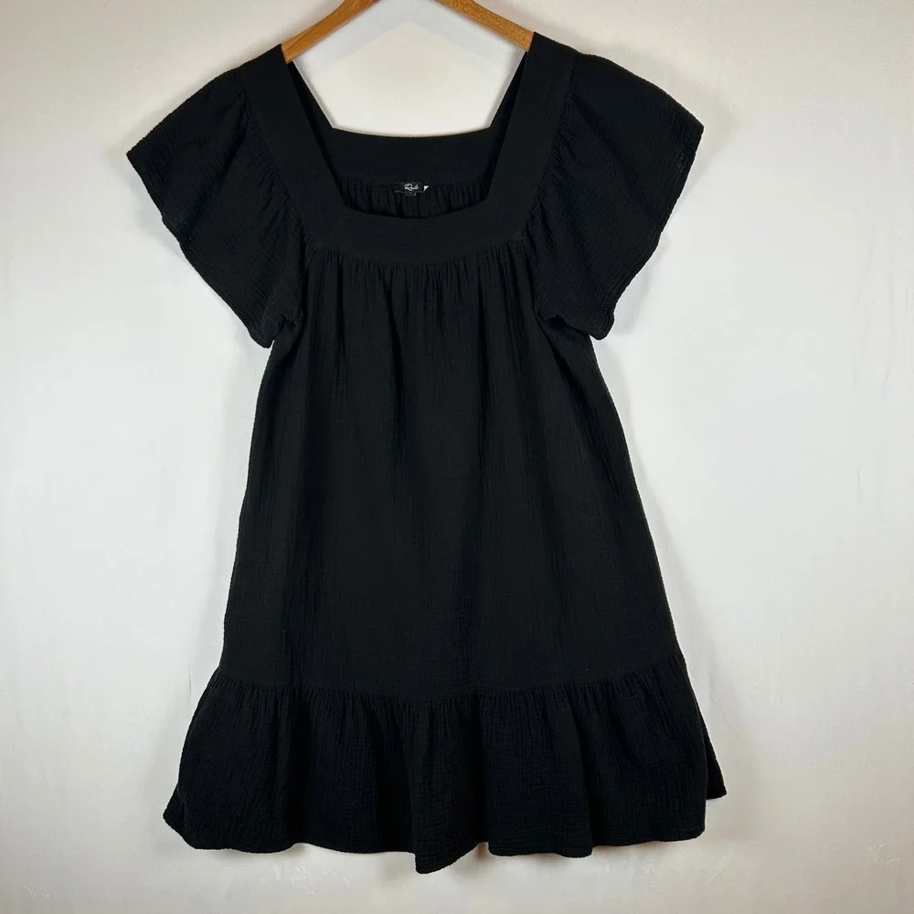 Rails Everdeen Black Cotton Gauze Mini Dress Square Neck Flutter Sleeve L - Picture 2 of 13